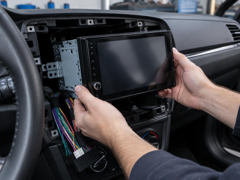Car audio head unit installed in a vehicle dashboard