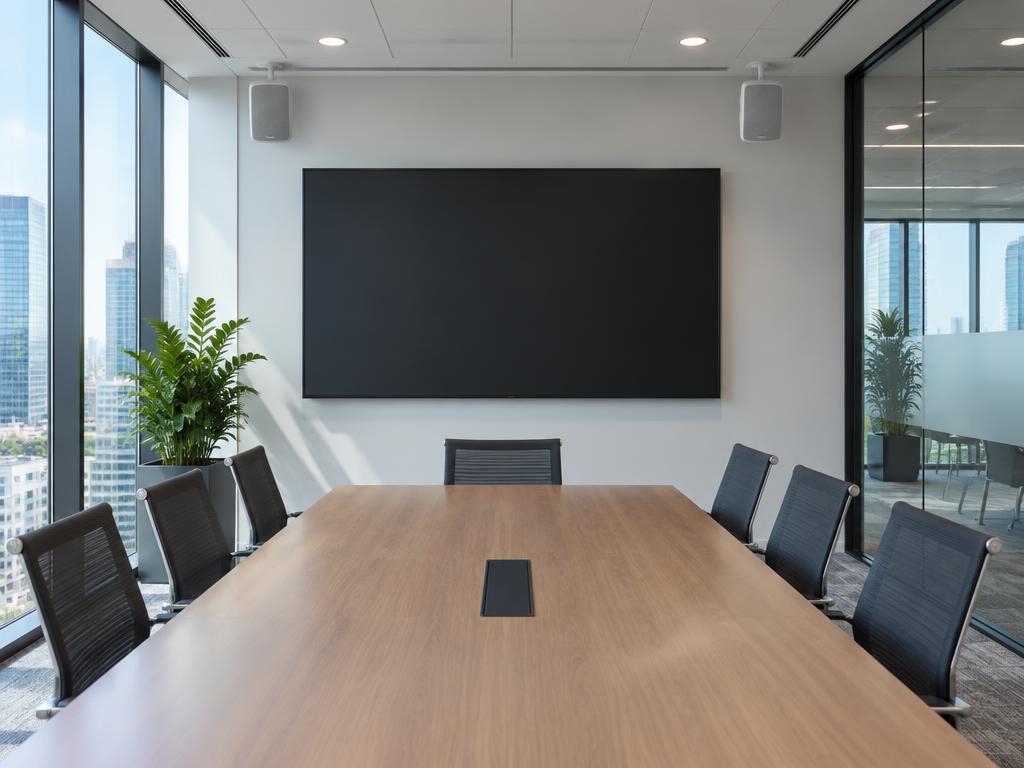 Conference room with a wall mounted display and ceiling speakers