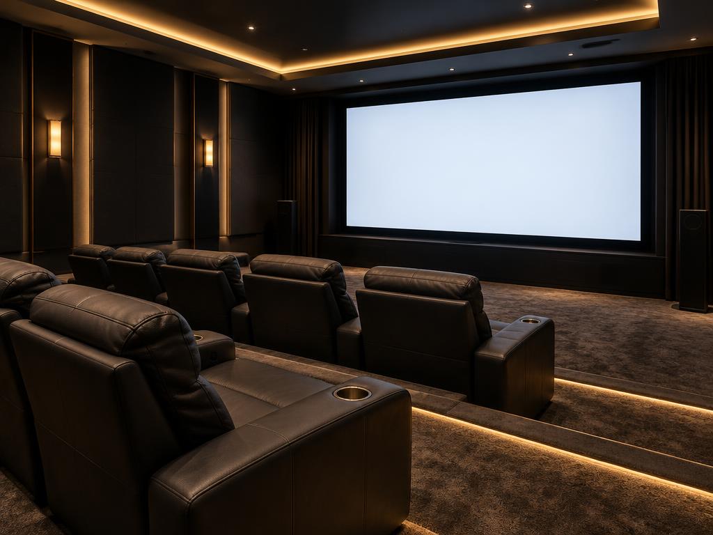 Home theatre room with tiered seating and a large screen