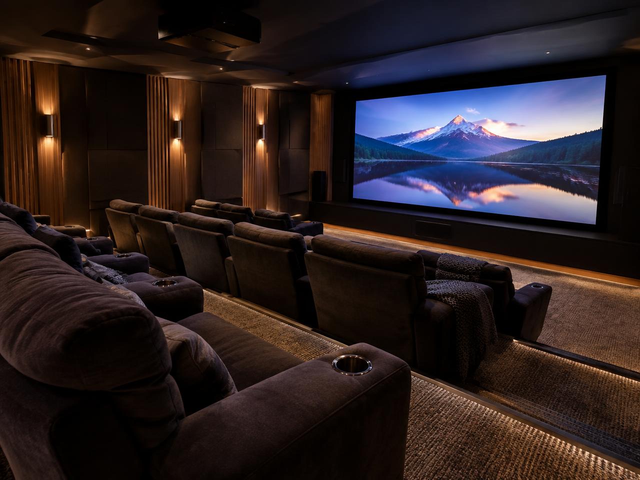 Home theatre room with tiered seating facing a large screen